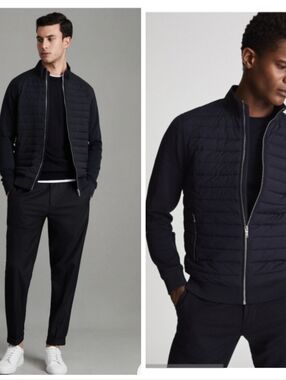 Reiss Quilted Rib Knit Funnel Neck Jacket In Navy Size XXL